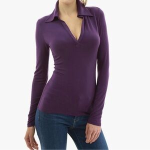 AmélieBoutik Women Collar V Neck Long Sleeve Polo Shirt. Purple Size M